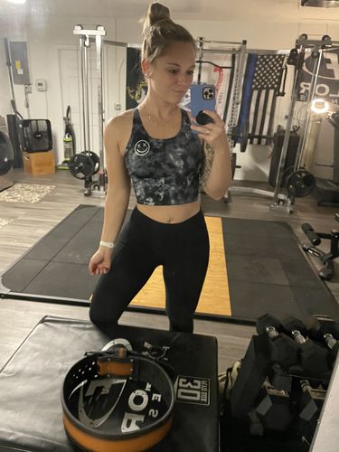 Customer photo review of Ladies Salty Savage Smile Longline Lattice Sports Bra | Tie Dye