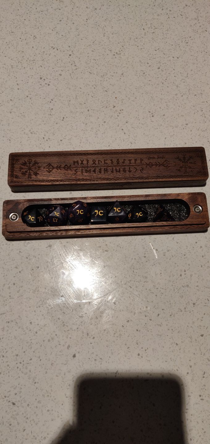 Customer photo review of URWizards D&D Amethyst Gemstone Engraved Dice Set
