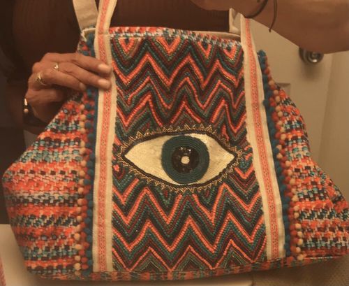 Customer photo review of Evil Eye Good Luck Hand Beaded Orange and Blue Tote Bag