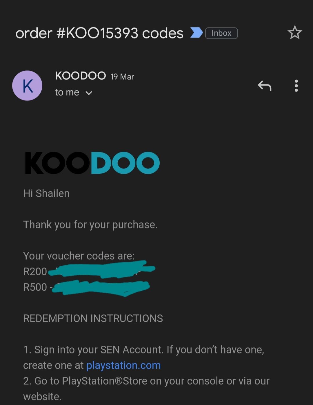 Customer photo review of PSN R500 Voucher. Digital code will be emailed