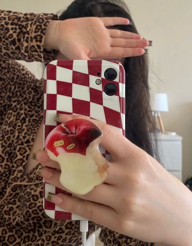 Customer photo review of Red Checkerboard Fruit Apple Stand Holder iPhone Case