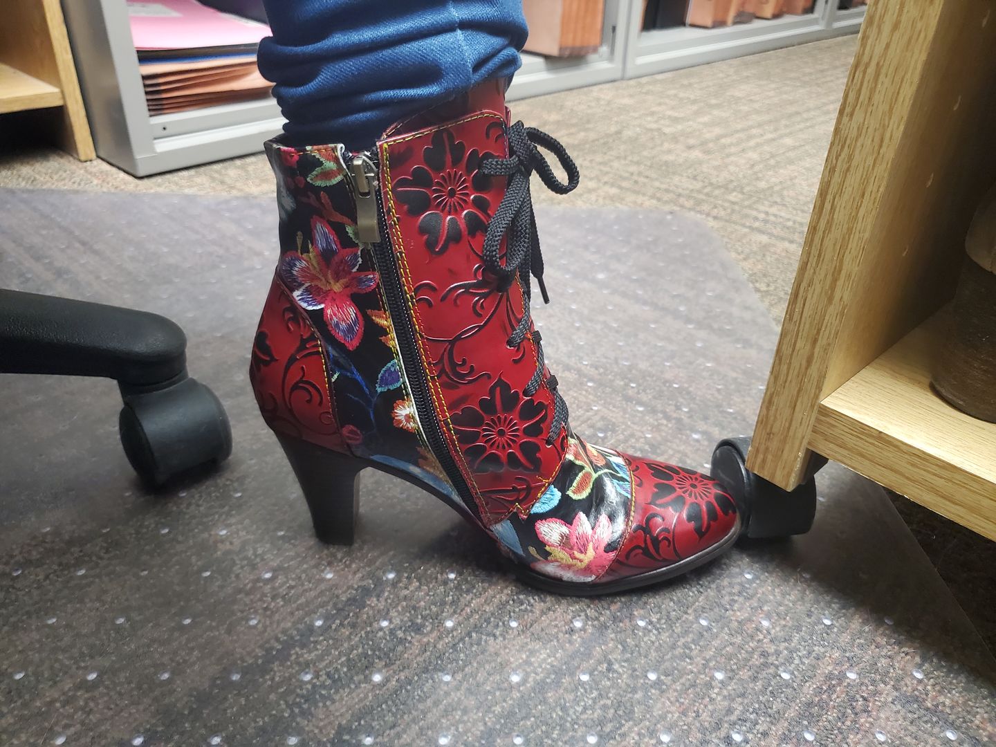 Customer photo review of Leather Hand Embossed Adjustable High Heel Boots