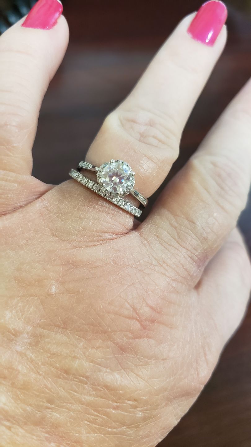 Customer photo review of Moissanite Round Half Eternity Sterling Silver Wedding Band Stackable Ring