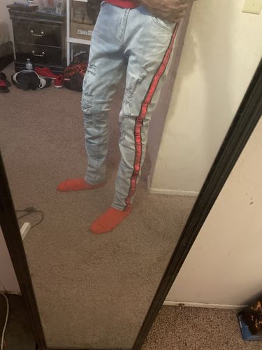 Customer photo review of Sequin Ripped Denim Blue Wash - Red Stripe (ZCL4244)