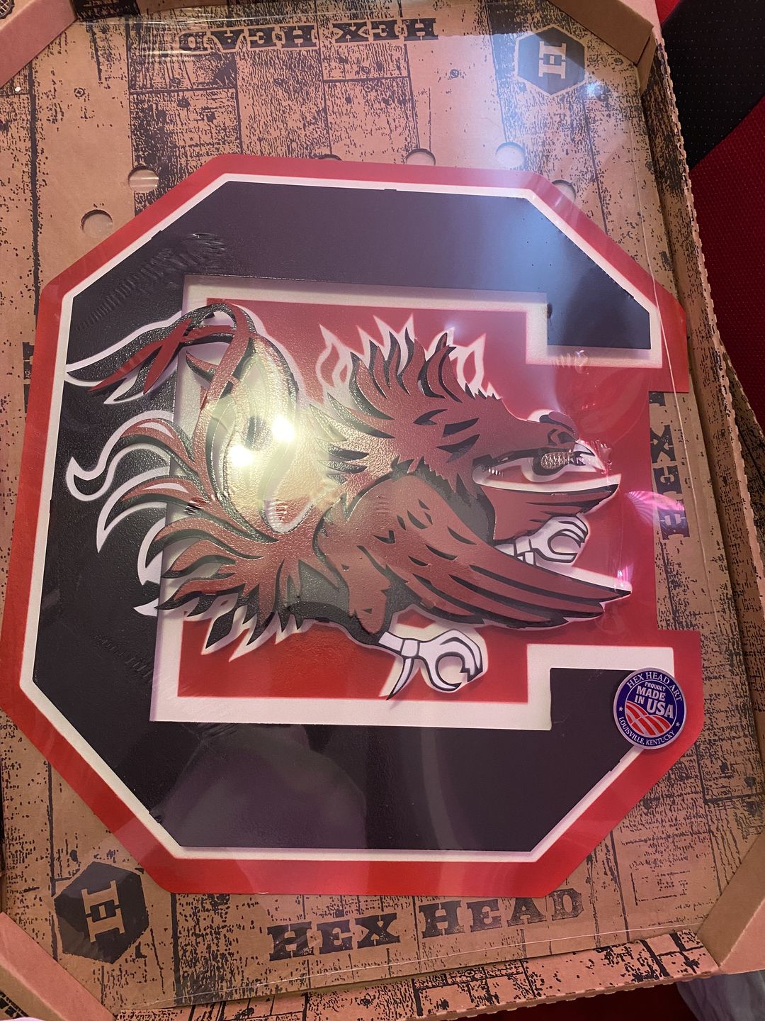 Customer photo review of South Carolina Gamecocks "Block C" 3D Vintage Metal Wall Art 23" x 21"