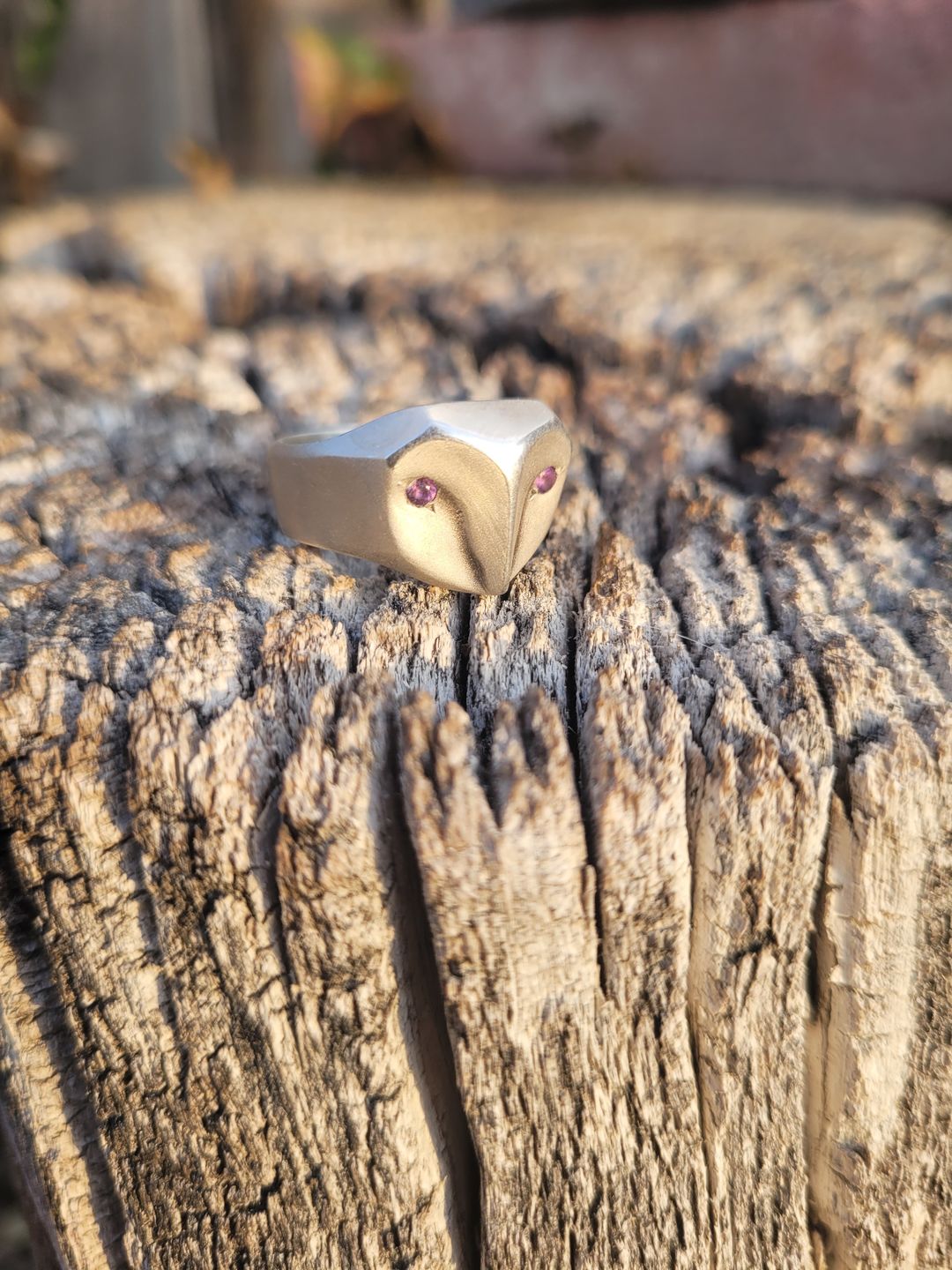 Customer photo review of Owl Ring with Amethyst Eyes