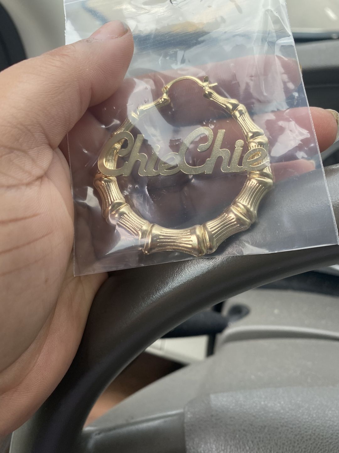 Customer photo review of 2" Bamboo Name Earrings