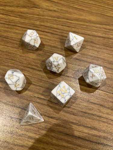 Customer photo review of White Turquoise Gemstone DnD Dice Set Roman Numerals Dice