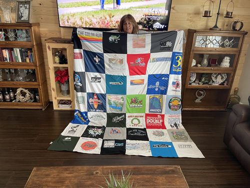 T-shirt quilt with running, fitness themes by Concepcion from CA