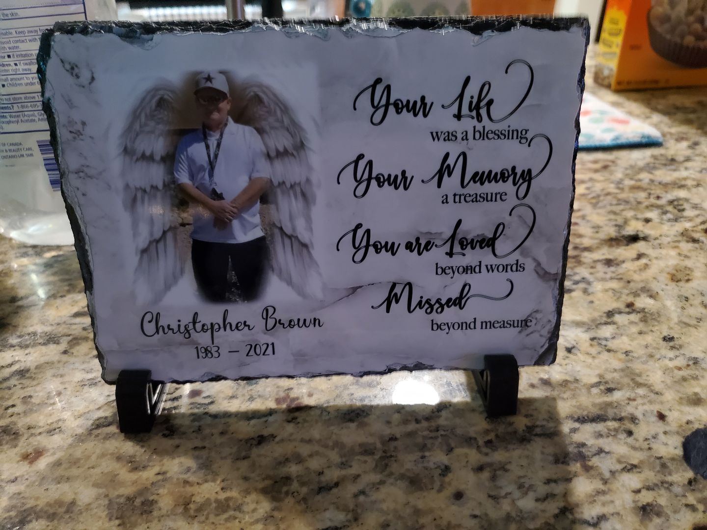 Customer photo review of In Loving Memory plaque, Personalized Memorial plaque for a lost one, lost loved one keepsake, sympathy gift photo slate, remembrance gift