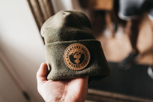 Customer photo review of Richardson Custom Leather Patch Beanie