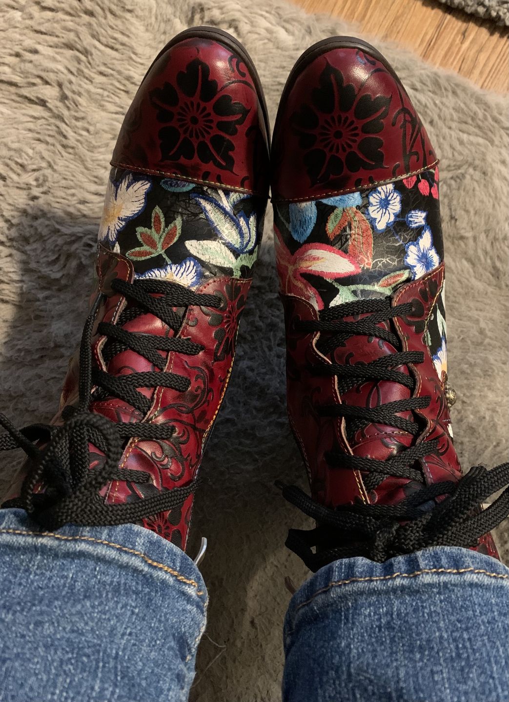 Customer photo review of Leather Hand Embossed Adjustable High Heel Boots