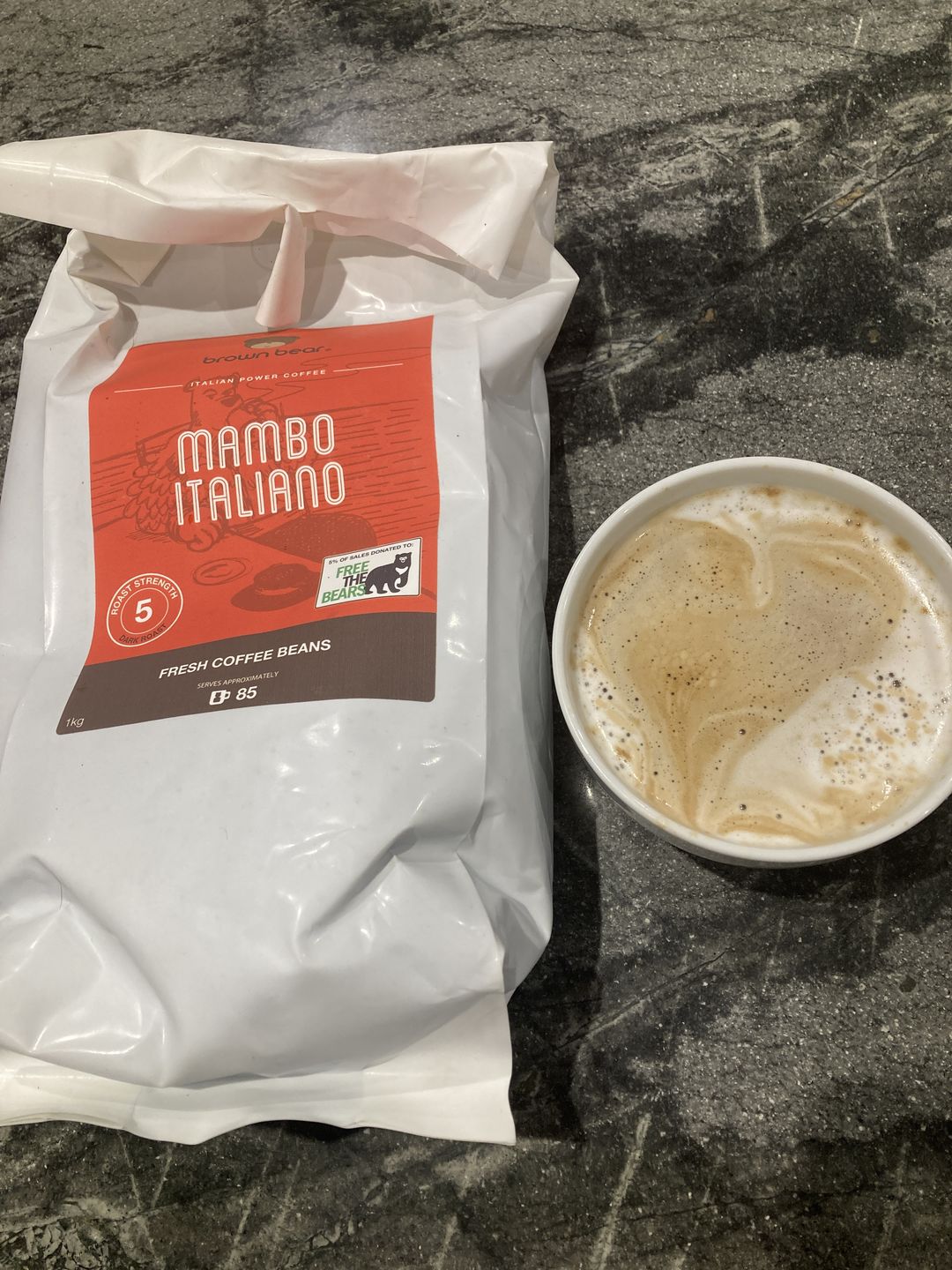 Customer photo review of Brown Bear Mambo Italiano Espresso Coffee, Strength 5, Dark Roast