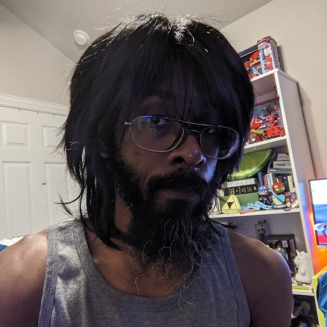 Customer photo review of Men Black Long Straight Fringe Bangs Layered Mullet Cosplay Wig