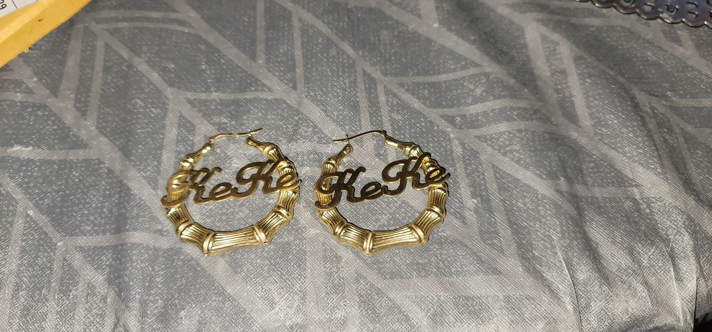 Customer photo review of 2" Bamboo Name Earrings