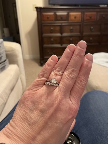 Customer photo review of Round Cut Moissanite Six Prong Halo Sterling Silver Ring