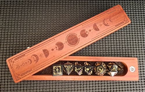Customer photo review of URWizards Engraved Padauk D&D Dice Box Moon Phases