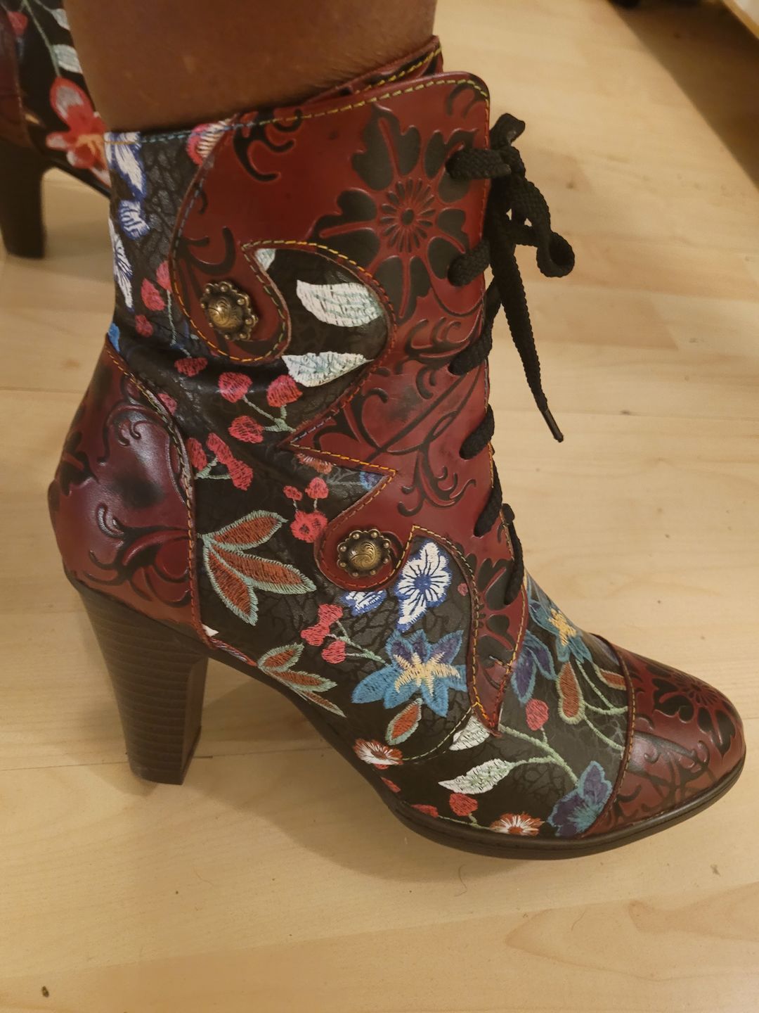Customer photo review of Leather Hand Embossed Adjustable High Heel Boots