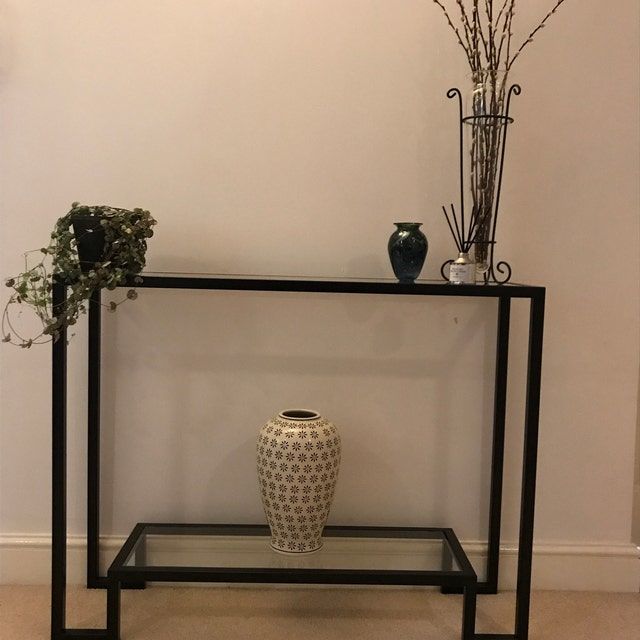 Customer photo review of Glass Metal Console Table Matte Black Frame