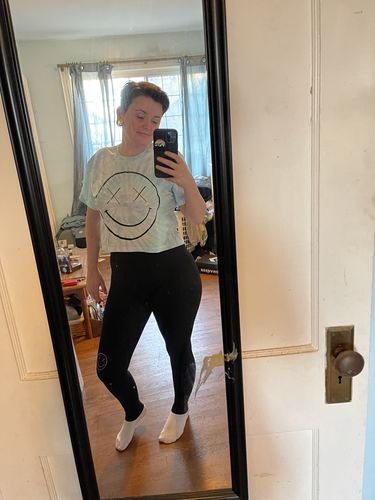 Customer photo review of Ladies Salty Savage Smile Spiral Tie Dye Crop Tee | Blue Aqua Tie Dye