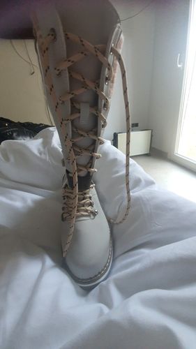 Customer photo review of Women Buckle Lace Knitted Mid-calf Boots