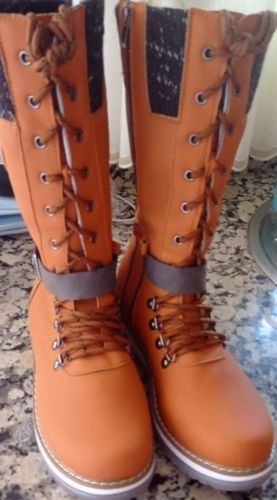 Customer photo review of Women Buckle Lace Knitted Mid-calf Boots