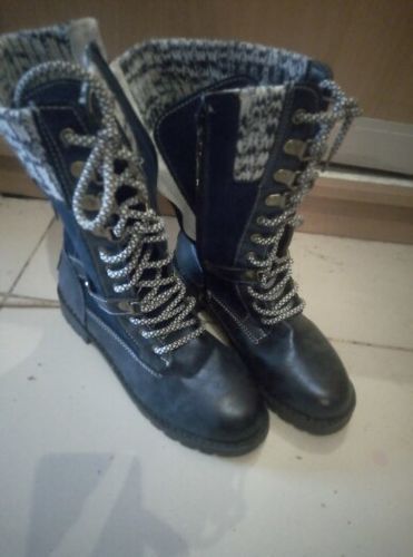 Customer photo review of Fashion Woolen Yarn Solid Lace Up Side Zipper Flat Heel Mid Calf Boots Martin Boots For Women