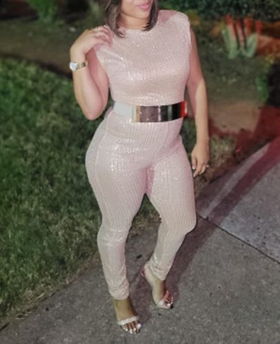 Customer photo review of Sequined Sparkly Sleeveless Padded Shoulder Jumpsuit