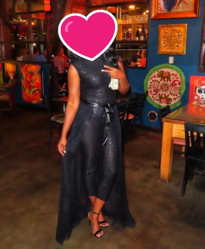 Customer photo review of Sequined Sparkly Sleeveless Padded Shoulder Jumpsuit