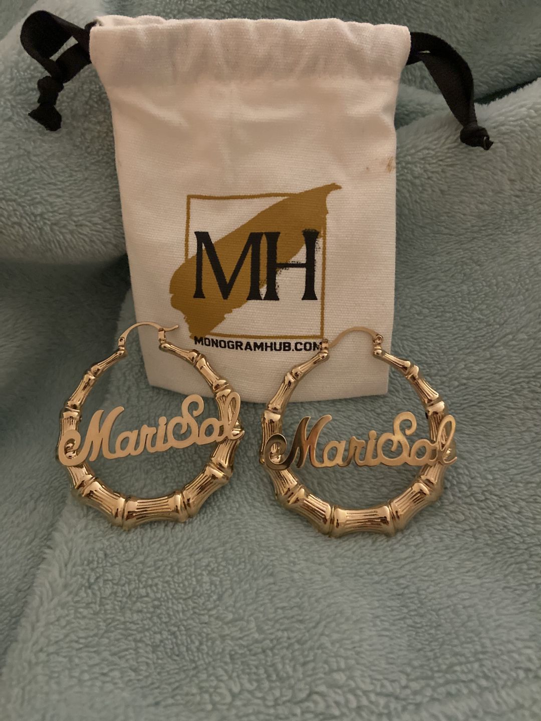 Customer photo review of 2" Bamboo Name Earrings