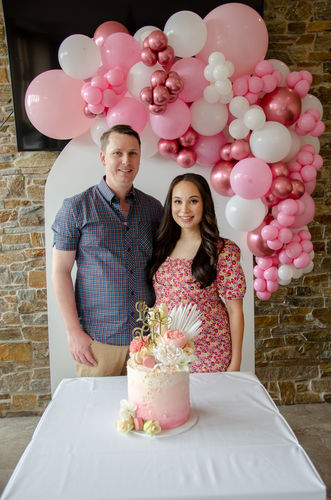 Customer photo review of Confetti Shirred Maternity Dress in Pink