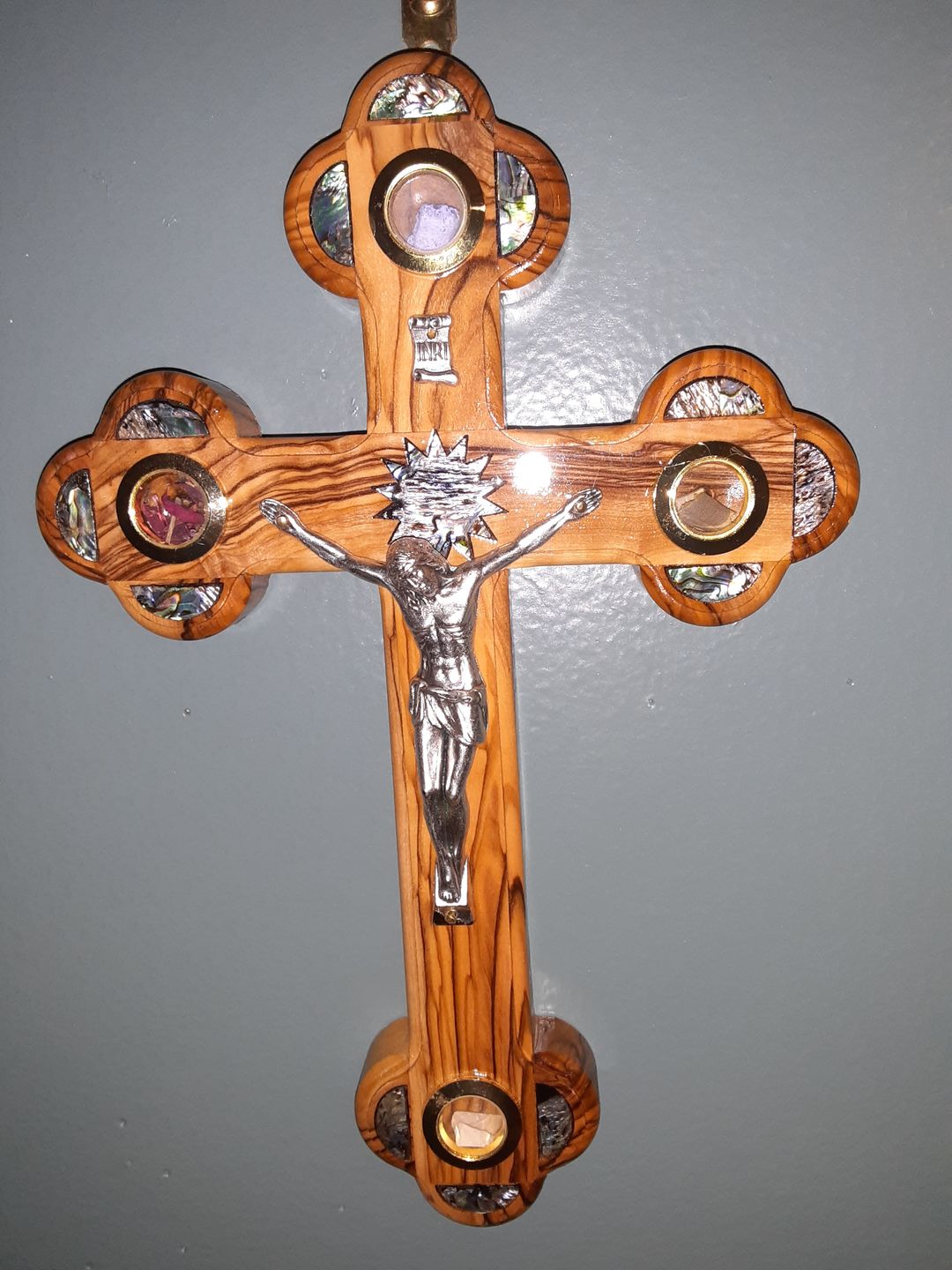 Customer photo review of Olive Wood Crucifix (Partially covered with Mother of Pearl) - Holy Land Crucifixes