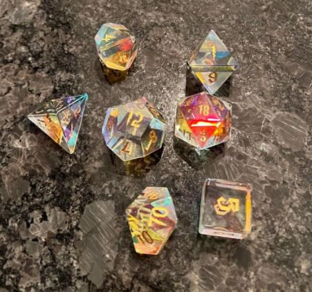 Customer photo review of URWizards D&D Dichroic Prism Glass Gemstone Engraved Dice Set
