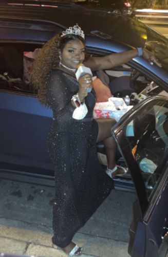 Customer photo review of Mesh Patchwork Rhinestones Glamorous Slash Neck Maxi Dress