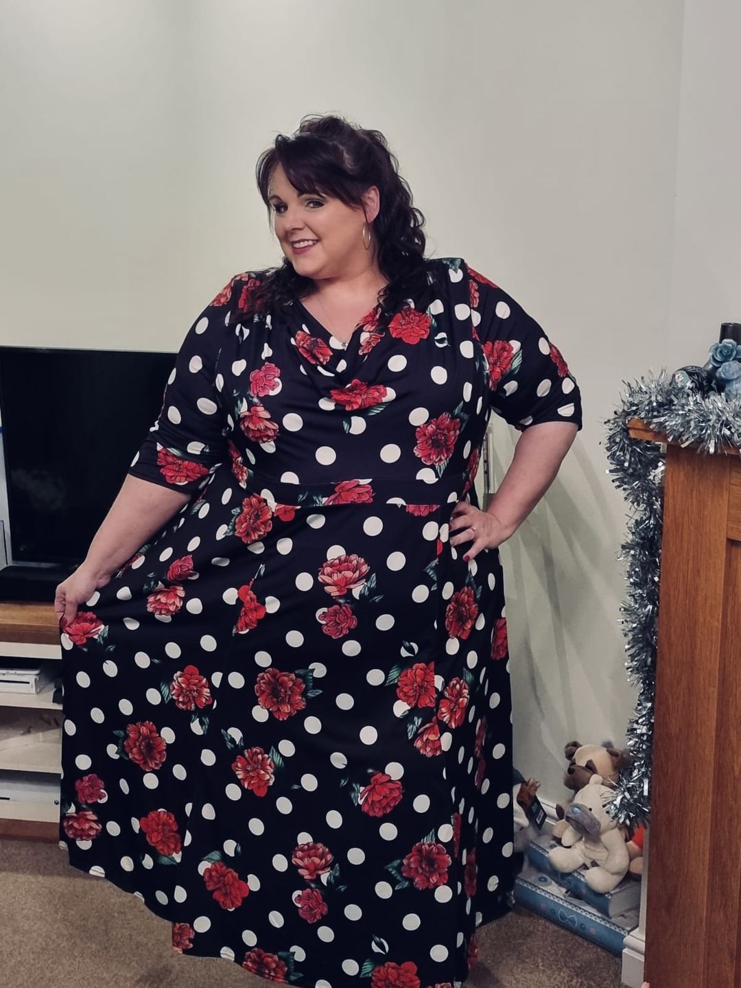 Customer photo review of Black Cream Red Cowl Neck '1940s' Dress