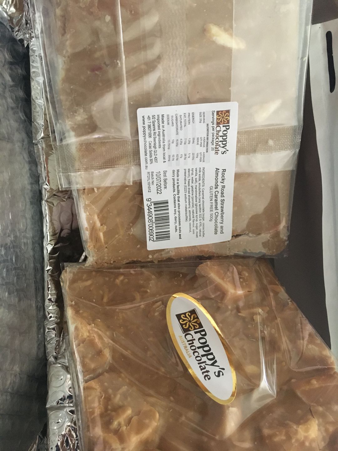 Customer photo review of Rocky Road Strawberries and Almond Caramel Chocolate Block 500g