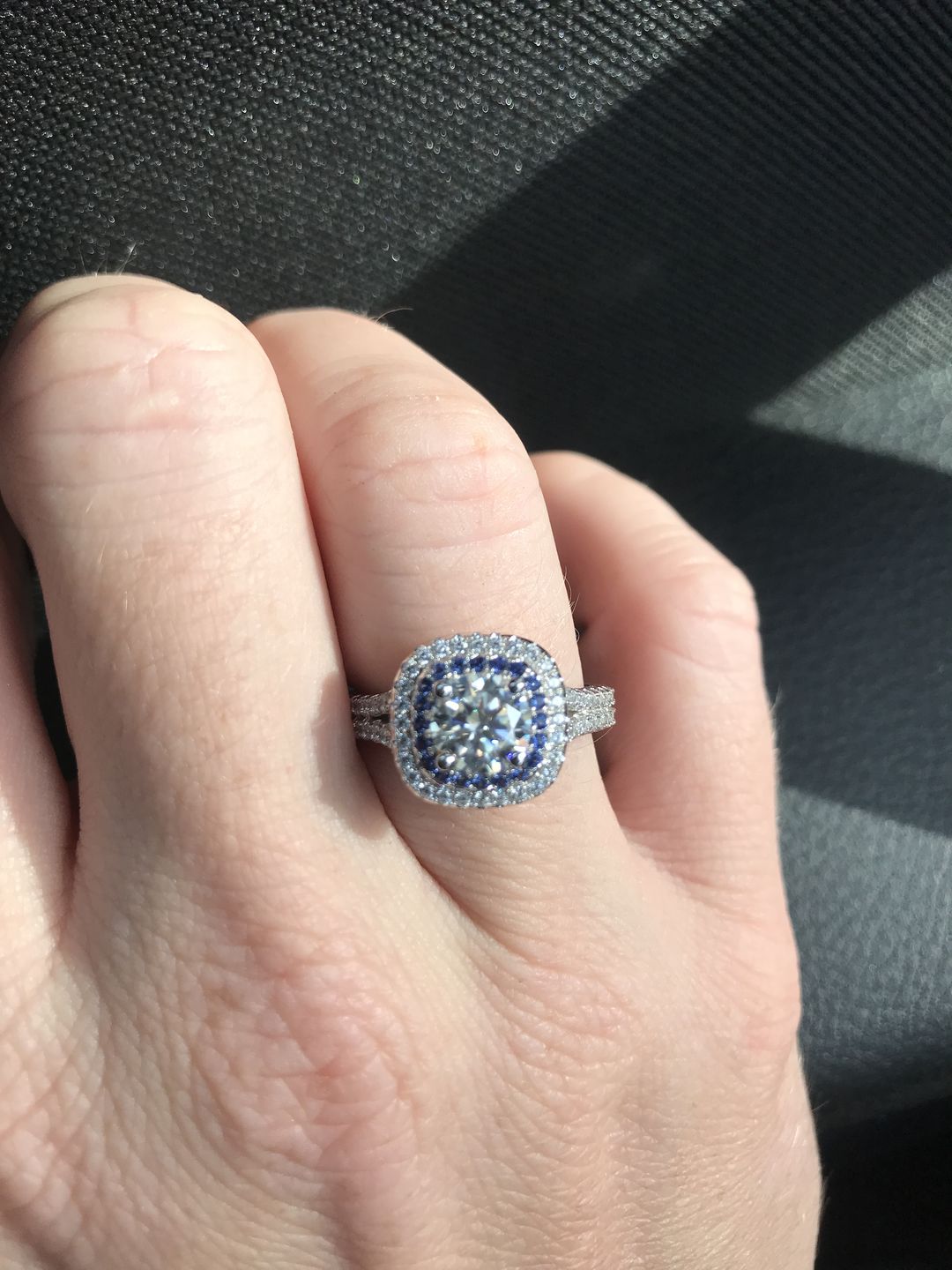 Customer photo review of Double Halo Moissanite Split Shank Pave Engagement Ring