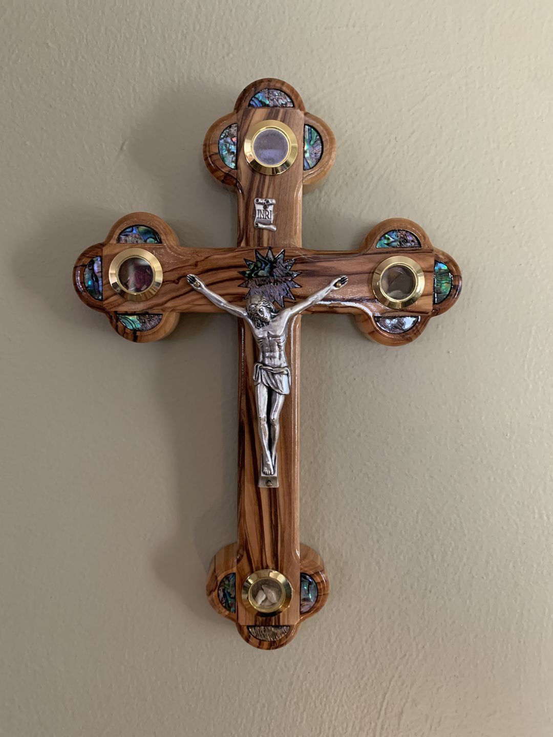 Customer photo review of Olive Wood Crucifix (Partially covered with Mother of Pearl) - Holy Land Crucifixes
