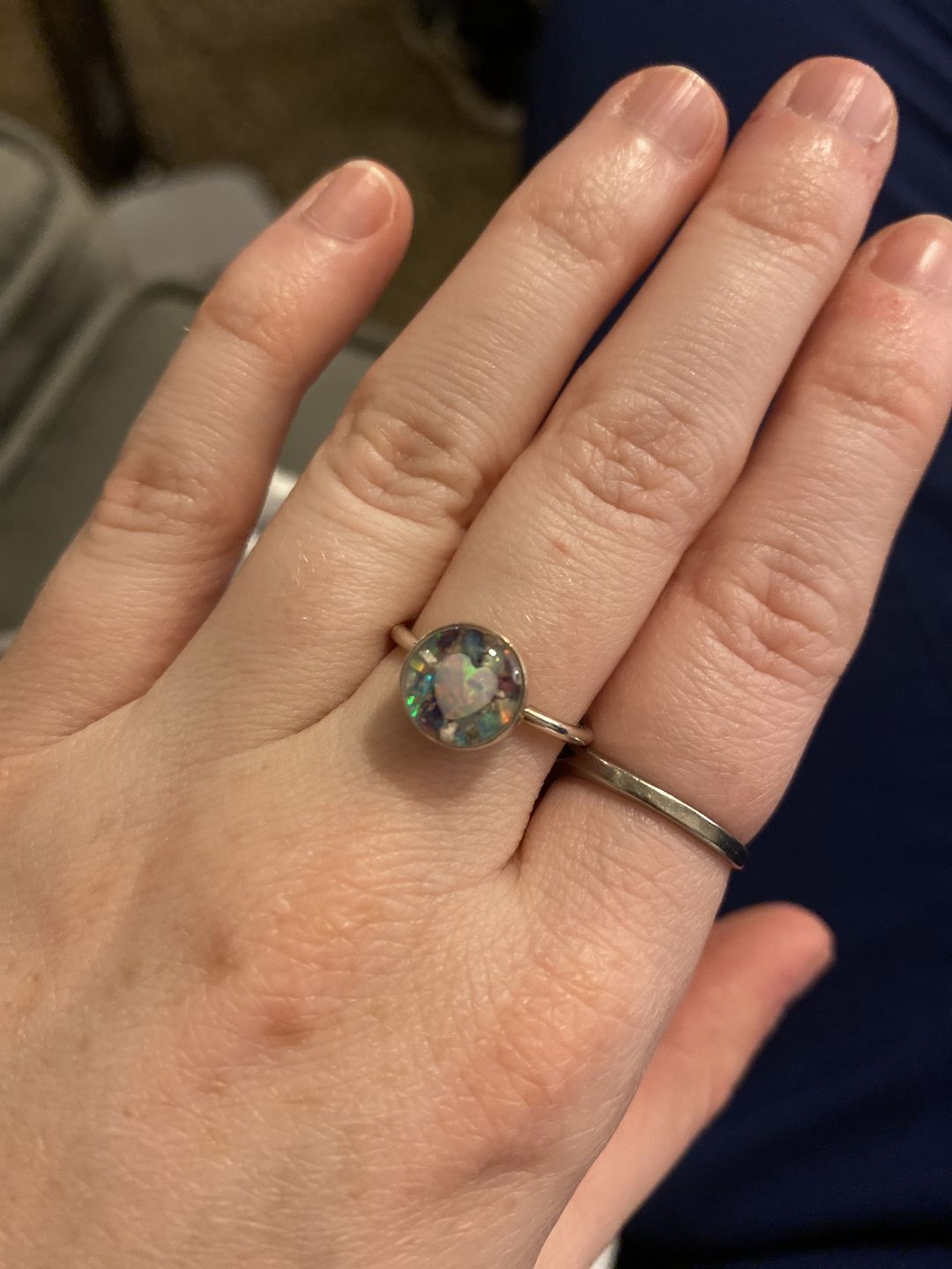 Customer photo review of Opal Heart Ring with Cremation Ashes