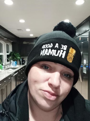 Customer photo review of (Cartoon) Be A Good Human - Pom-Pom Beanie