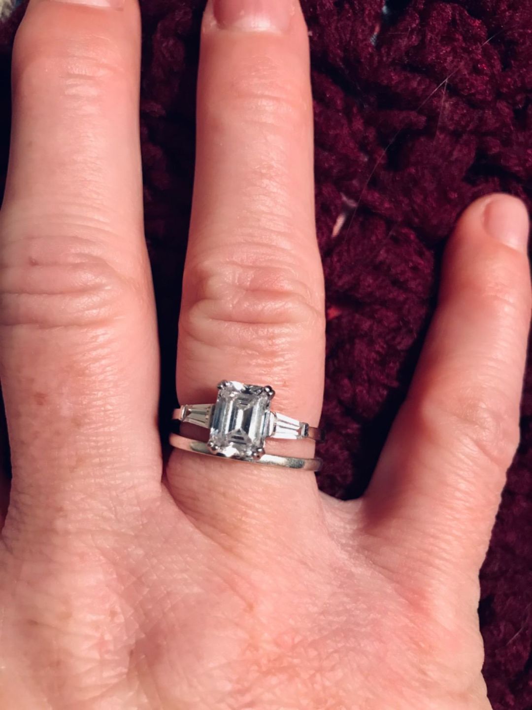 Customer photo review of Three Stone Emerald Cut Moissanite Tapered Baguette Engagement Ring