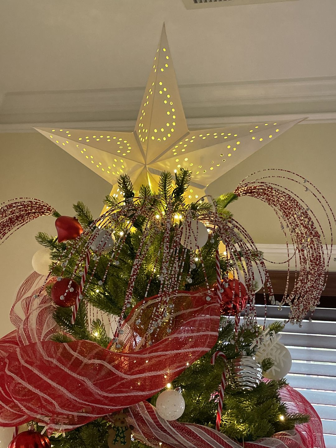 Customer photo review of 26" Solid White Dot Cut-Out Paper Star Lantern, Hanging Decoration