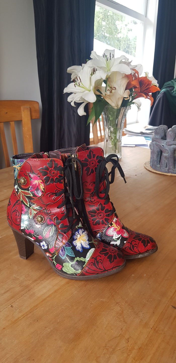 Customer photo review of Leather Hand Embossed Adjustable High Heel Boots