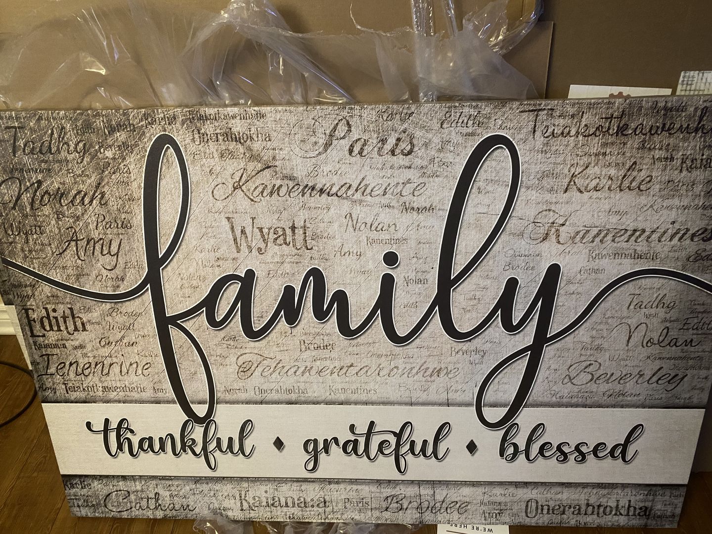 Customer photo review of Personalized "Family - Thankful, Grateful, Blessed" Names On Background Premium Canvas