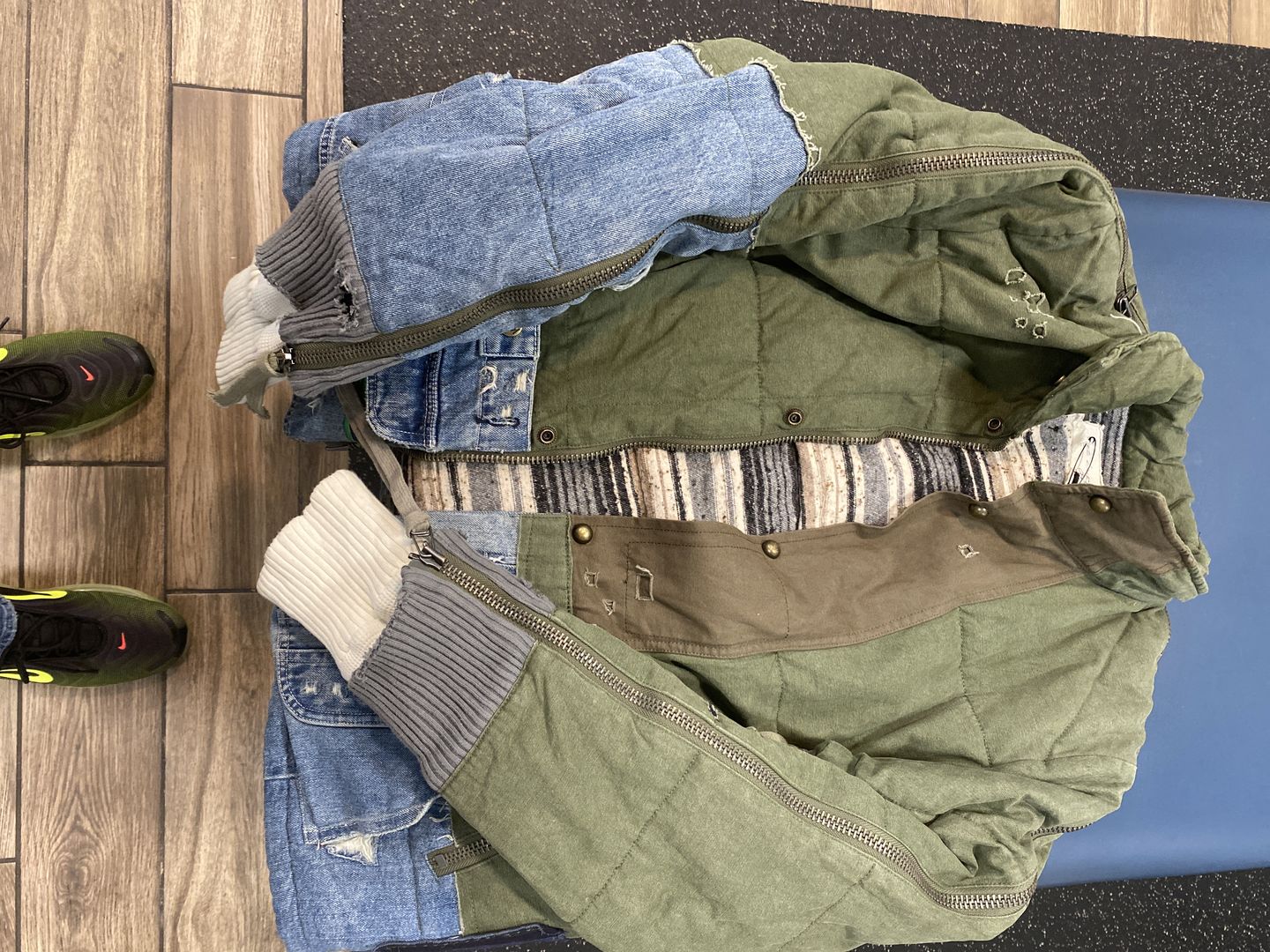 Customer photo review of Olive Bubble Padded Patched Denim Jacket
