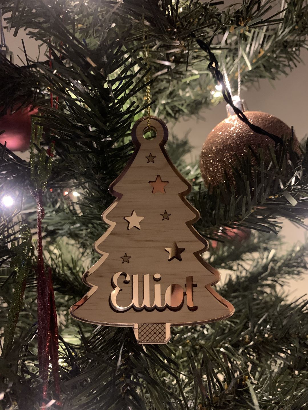 Customer photo review of Personalised Mirror and Wood Christmas Ornaments