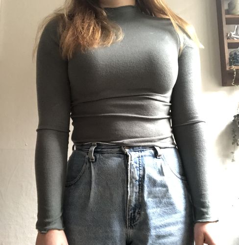 Customer photo review of SkinKiss™ Lettuce Trim Mock Neck Crop Top