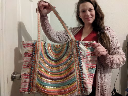 Customer photo review of Vibrant Hand Embellished Rainbow Hand Beaded Tote