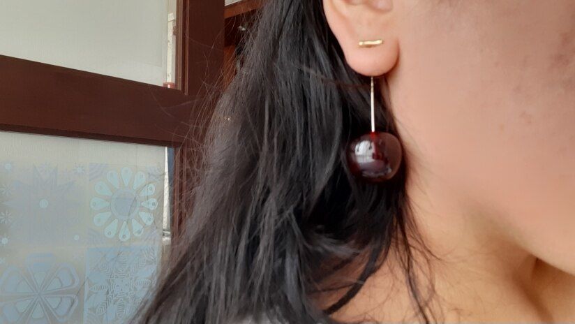 Customer photo review of Realistic Cherry Drop Earrings