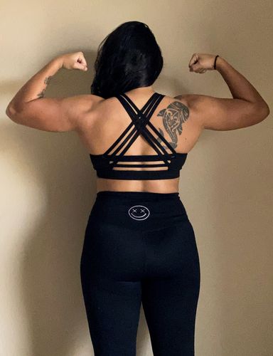 Customer photo review of Salty Savage™ Ladies High Neck Strappy Cross Back Sports Bra | Black